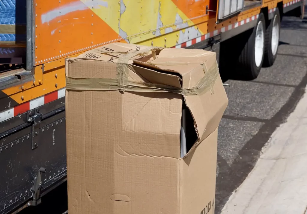 damaged cardboard box next to a transport truck
