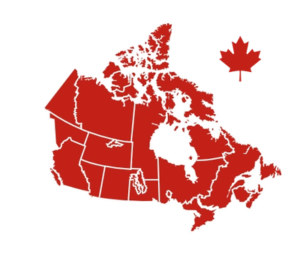 red outline map of Canada with red maple leaf in top right corner