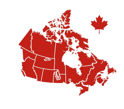 red outline map of Canada with red maple leaf in top right corner