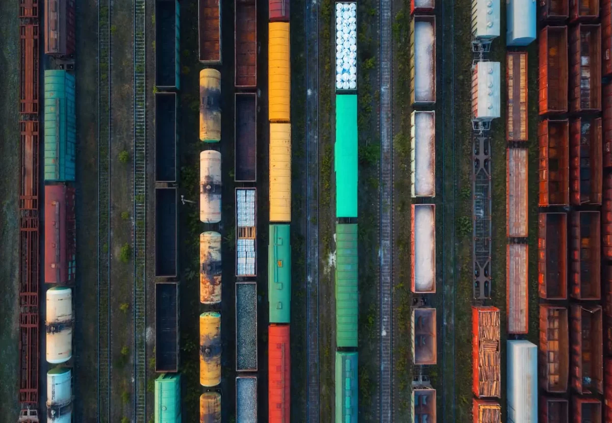 aerial view of multicoloured train containers