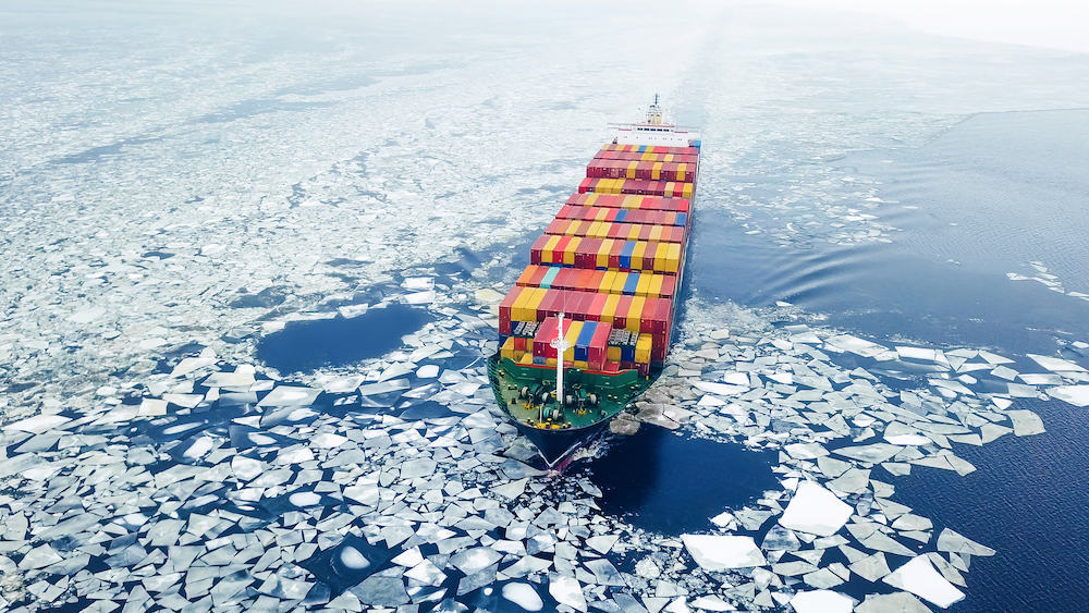Shipping Container Ship at Sea during Winter