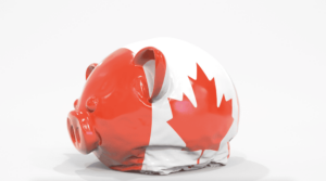 Recession Canada concept deflating piggy bank with Canadian Flag