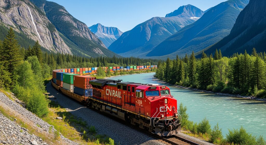 The vast CN Rail network, a core component of North American freight services, moving goods across Canada.