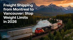 A CN Rail intermodal train carrying 40 foot containers for freight shipping Montreal to Vancouver through the Canadian Rockies.