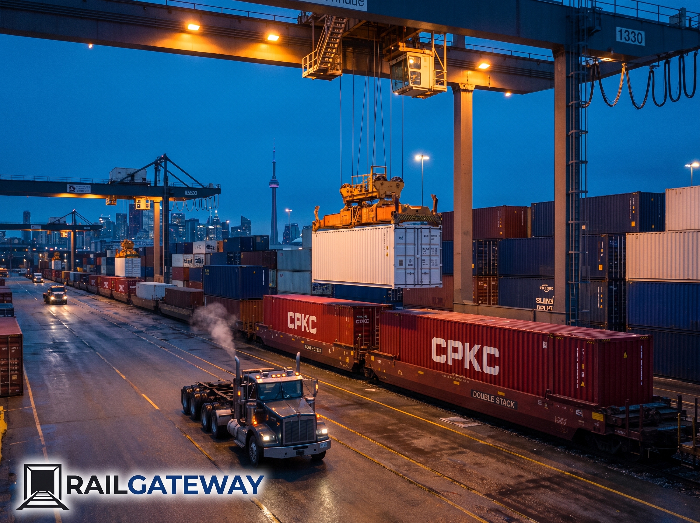 Ontario to BC Intermodal Rail Shipping: 7 Ways to Maximize ROI on the Toronto-to-Vancouver Corridor 3 An active Toronto intermodal terminal at blue hour loading a 40-foot container onto a railcar.