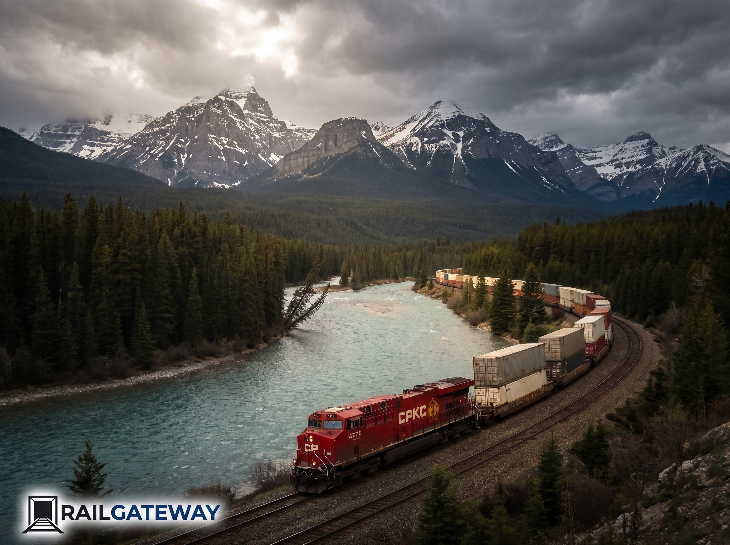 Ontario to BC Intermodal Rail Shipping: 7 Ways to Maximize ROI on the Toronto-to-Vancouver Corridor 4 A red CPKC intermodal train navigating the Rocky Mountains during freight shipping Toronto to Vancouver.