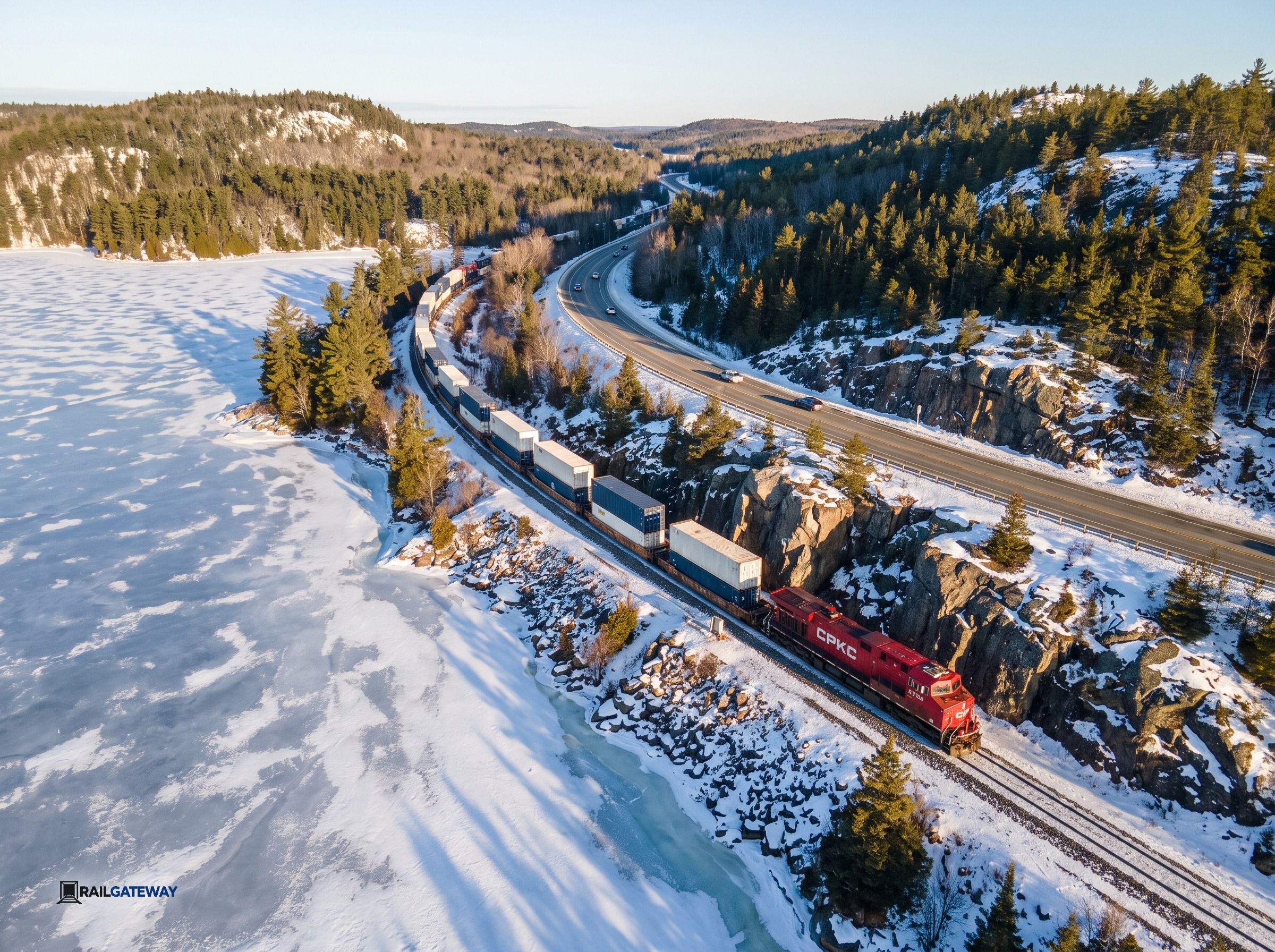 Ontario to Manitoba Intermodal Rail Shipping: Securing Year-Round Capacity Through the Canadian Shield 3 Drone view of a red CPKC train carrying intermodal containers bypassing Ontario highways along a frozen Canadian Shield lake.