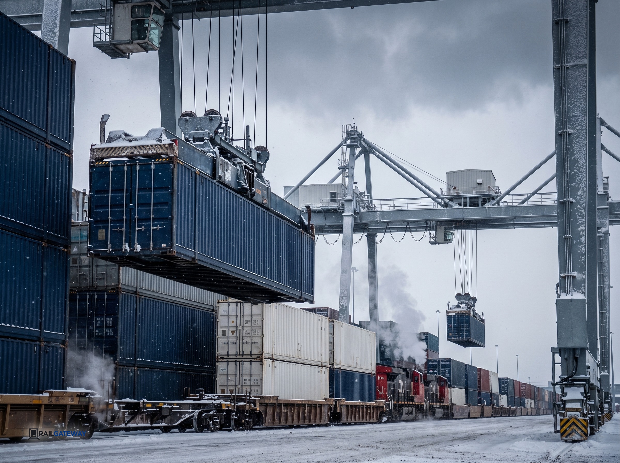 Ontario to Manitoba Intermodal Rail Shipping: Securing Year-Round Capacity Through the Canadian Shield 4 Gantry cranes load full container loads onto double-stack railcars at a snowy intermodal terminal for rail freight Toronto to Winnipeg.