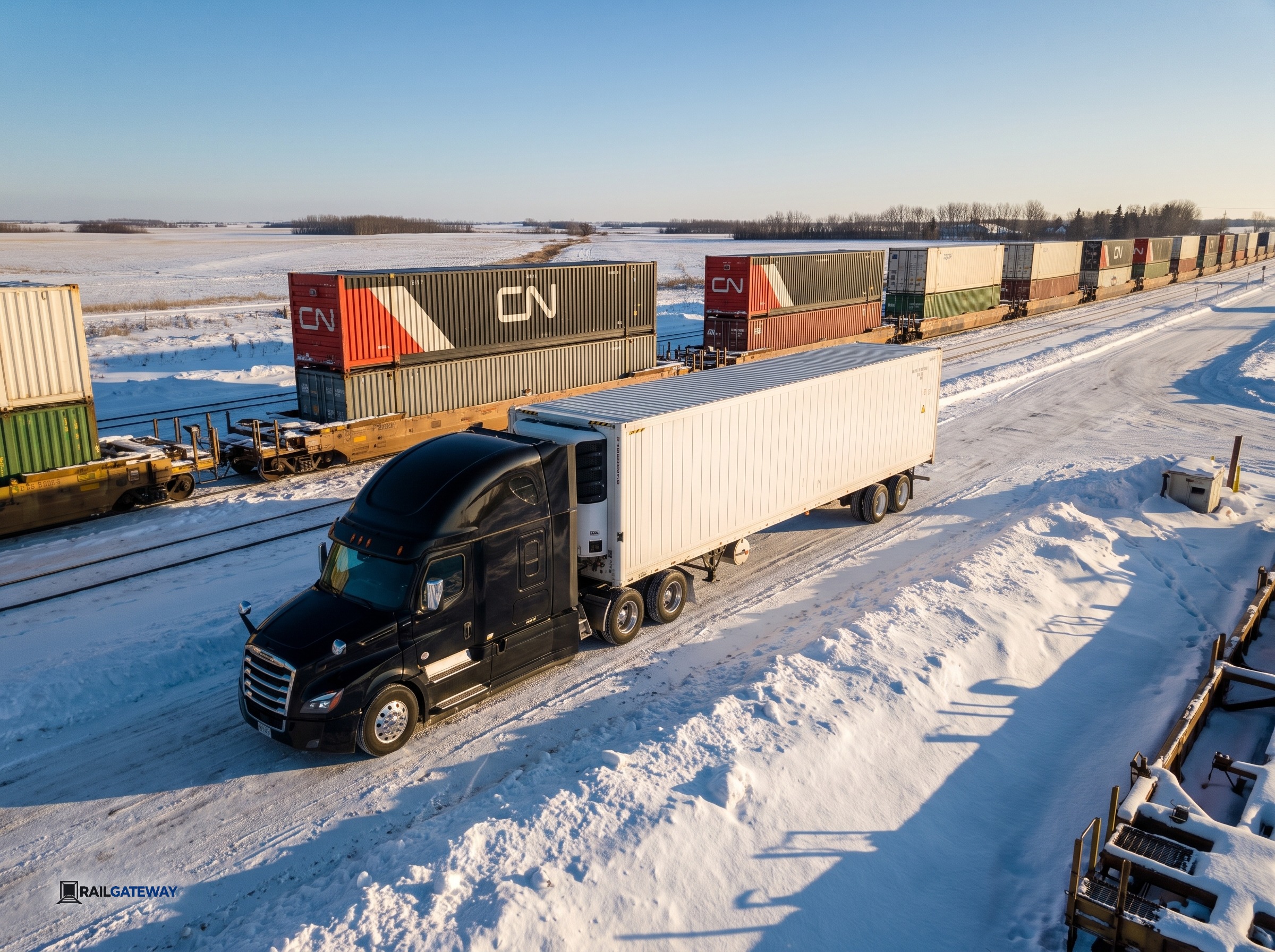 Ontario to Manitoba Intermodal Rail Shipping: Securing Year-Round Capacity Through the Canadian Shield 5 A heavy drayage truck delivers a white refrigerated container to a Manitoba rail ramp for temperature-controlled intermodal transport.