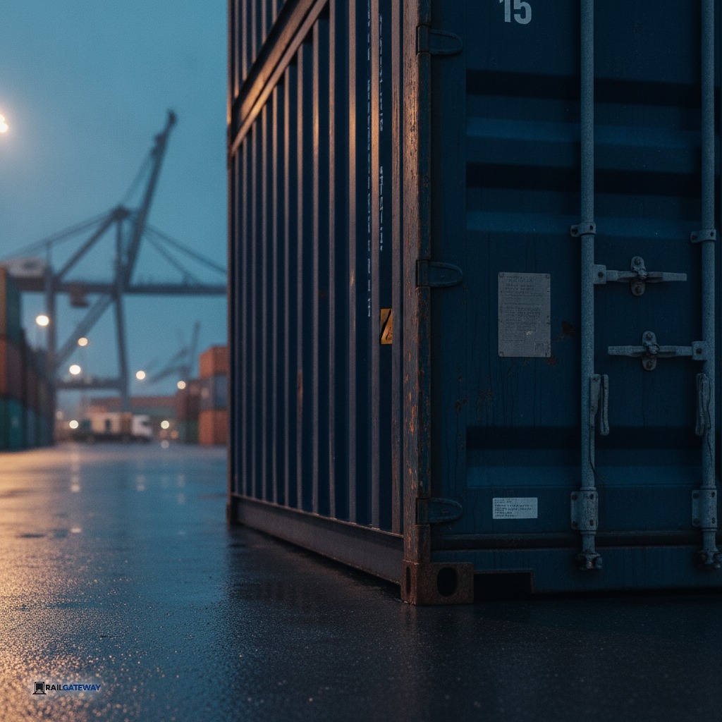 Close-up of reach-stacker twist-locks locking into a 40-foot deep rail-blue container at a port terminal.