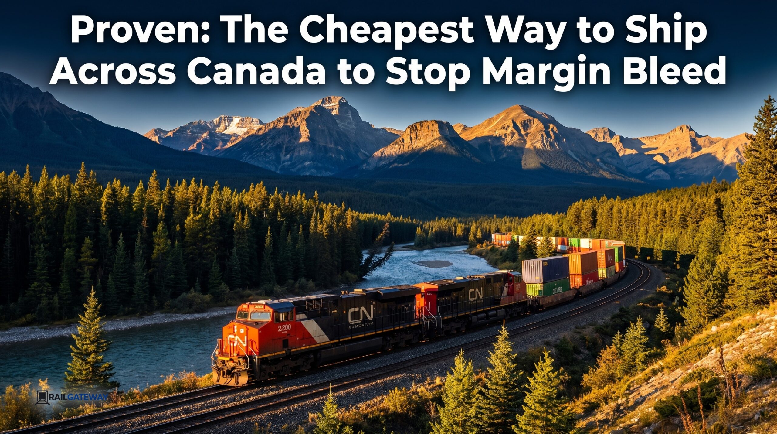 A double-stacked CN intermodal train moving through the Canadian Rockies, illustrating the cheapest way to ship across Canada.