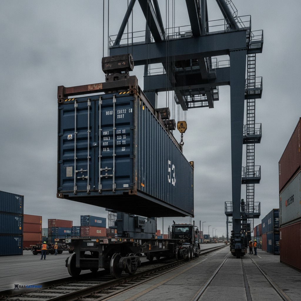 A 53 foot container shipping Canada being loaded onto a railcar by a gantry crane.