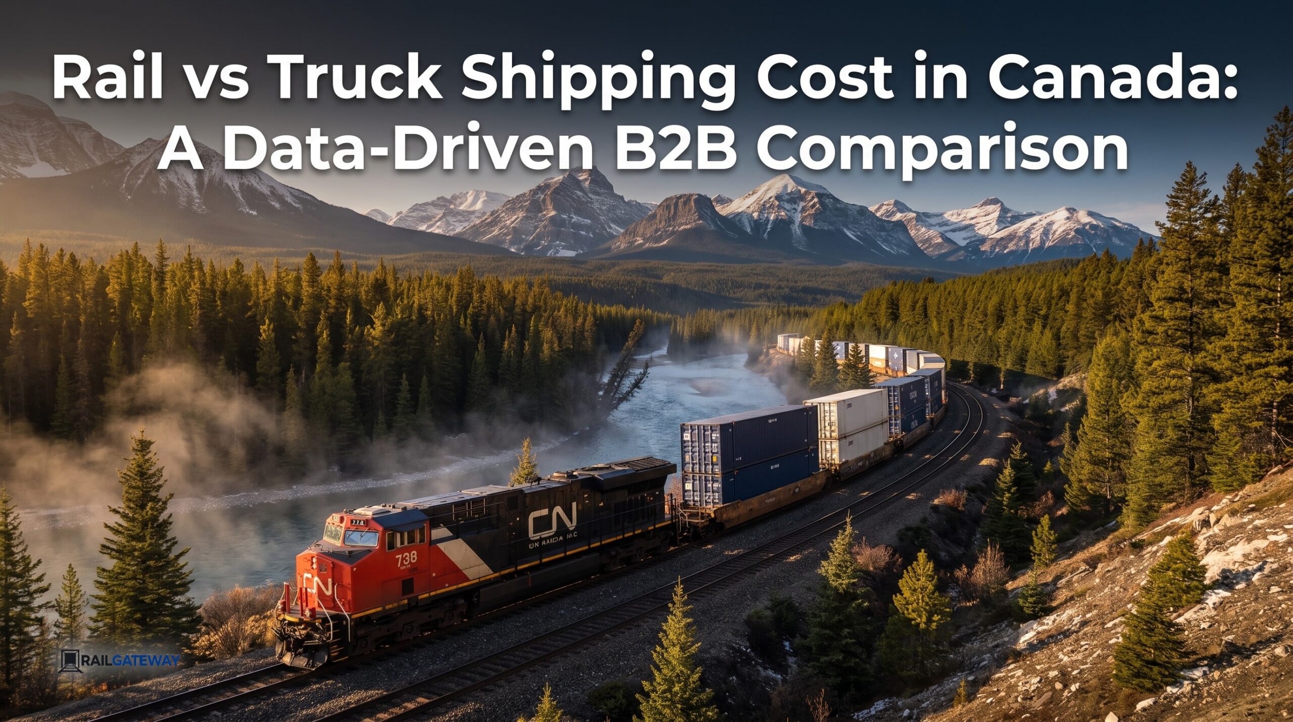 A red and black CN freight train hauling double-stacked containers through the Canadian Rockies at sunrise, illustrating rail vs truck shipping cost Canada.