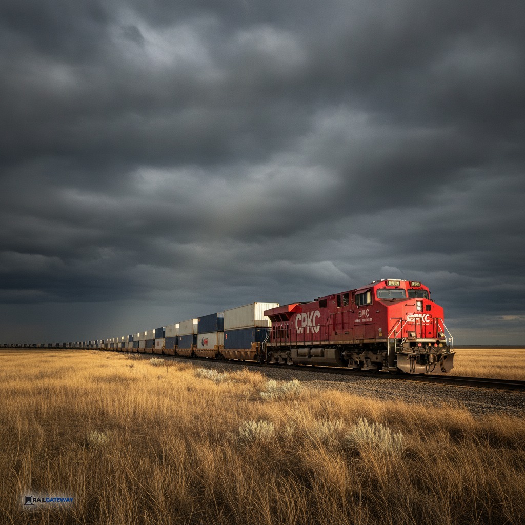 A long CPKC freight train carrying double-stacked containers across the Saskatchewan prairies under dramatic storm clouds, highlighting the cheapest way to ship across Canada.