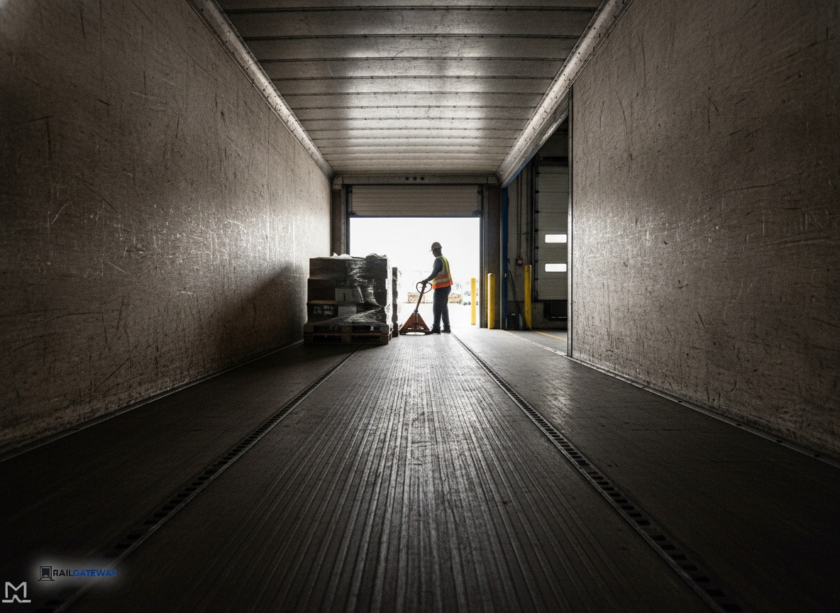 Supply-chain manager reviewing a freight invoice at a commercial loading dock while a diesel truck idles in the background producing exhaust haze.