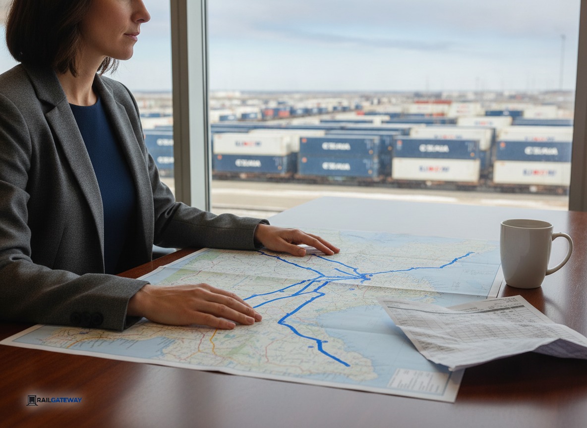 Transportation planner looking out a window at a row of idle driverless highway trucks and an active intermodal rail yard.